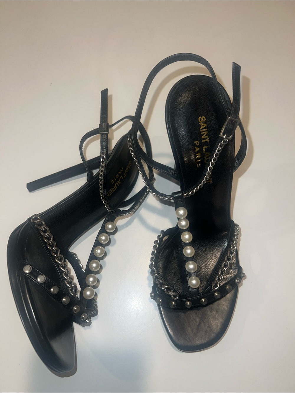Saint Laurent Black Pearl-Embellished Chain Strap Sandals
